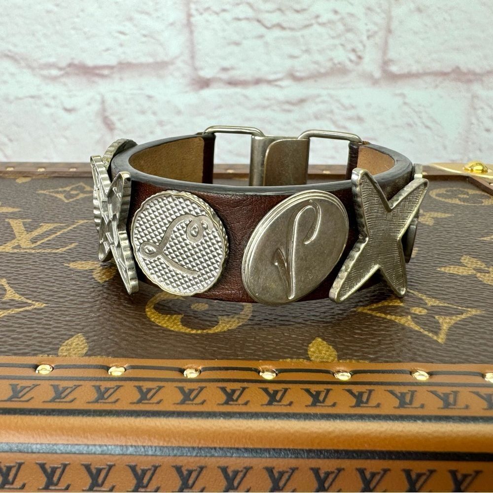 RARE Louis Vuitton Silver Brown Leather Removable Charm Bracelet